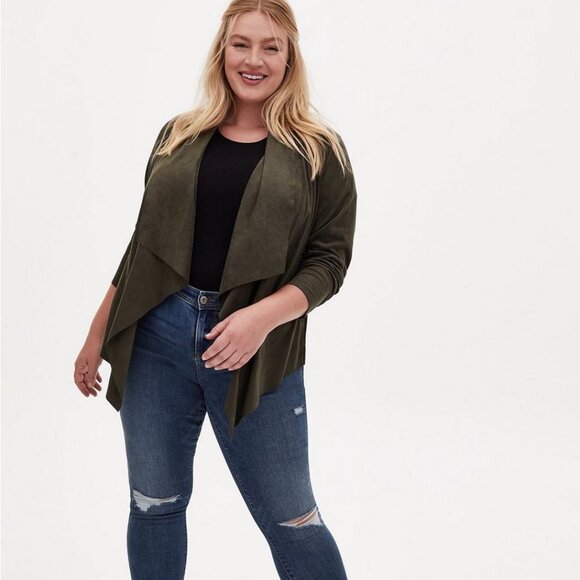 Torrid Jackets & Blazers - TORRID Fall Green Soft Faux Suede Drape Front Jacket Size 1